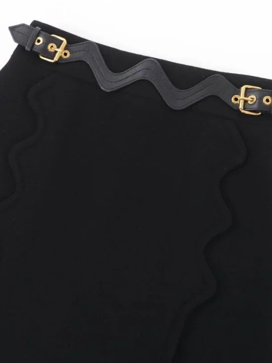 Louis Vuitton % Wool Leather with Belt Scallop Detail Mini Skirt Black 34 - Picture 3 of 12